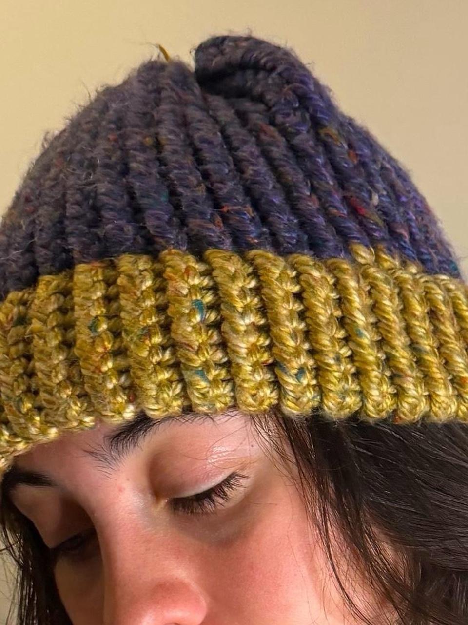 Chunky Two-Tone Knit Beanie - Purple And Mustard